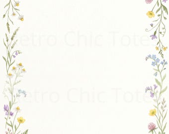 Könnte beinhalten: Aquarellillustration eines floralen Randes. Das Design zeigt eine Vielzahl von Wildblumen, darunter Gänseblümchen, Klee und Vergissmeinnicht, in Rosa-, Gelb- und Blautönen, angeordnet um einen leeren weißen Raum.