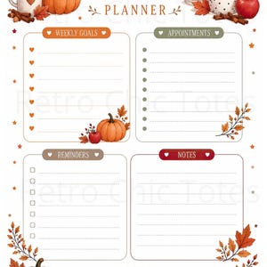 Könnte beinhalten: Eine Oktober-Planerseite mit herbstlichen Illustrationen von Kürbissen, Tassen mit Heißgetränken, Kerzen und Herbstblättern. Das Layout enthält Bereiche für wöchentliche Ziele, Termine, Erinnerungen und Notizen, verziert mit Herz- und Sternsymbolen.