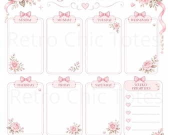May include: A weekly planner sheet featuring the text WEEKLY Planner, with sections for Sunday through Saturday and Weekly Priorities. The design includes pink roses, ribbons, bows, and pearl strings on a white background with a notes section.