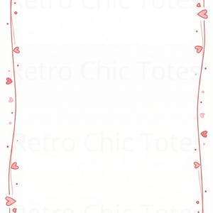Könnte beinhalten: Ein weißer Hintergrund mit einem dekorativen Rand. Der Rand ist eine dünne, wellenförmige, rote Linie, die mit kleinen rosa Herzen und Punkten verziert ist. Die Worte "Retro Chic Totes" sind im Hintergrund schwach sichtbar.