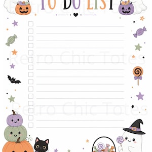 May include: A white to-do list notepad featuring the text TO DO LIST at the top. The border is decorated with ghosts, jack-o'-lanterns, black cats, bats, stars, and candies in orange, purple, and green. It includes a column of empty checkboxes.