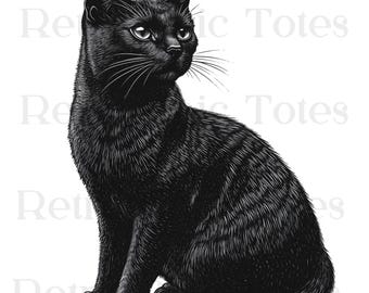 Black Cat PNG, Vintage Cat Illustration, Gothic Cat Clipart, Halloween Cat Digital Download, Retro Engraved Cat Art