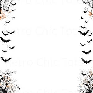 May include: A Halloween design with black bat silhouettes on a white backdrop. Bare tree branches and pumpkins border the design, with the text "Retro Chic Tote" visible in the background.