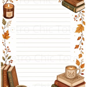 May include: A lined stationery sheet featuring an autumn-themed border with orange maple leaves, brown branches, stacks of vintage books, ceramic mugs filled with coffee, lit candles in glass holders, and round wire-rimmed reading glasses.