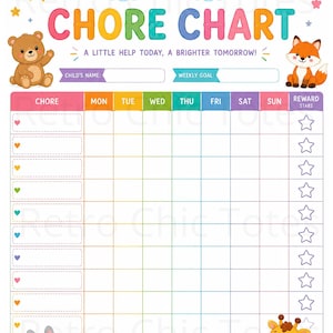 Tabla de tareas infantiles imprimible en PDF tamaño A4, tabla de responsabilidades semanales, registro de estrellas de recompensa, rutina preescolar, descarga instantánea.