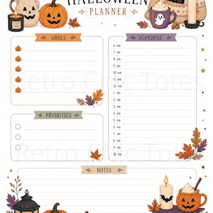 May include: An Autumn Halloween planner page featuring the title text, a schedule from 6 AM to 10 PM, sections for goals, priorities, and notes. Illustrations include jack-o'-lanterns, a black cat, autumn leaves, candles, and books.