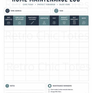 May include: A home maintenance log printable sheet with a header featuring a house icon, wrench, and calendar. It includes fields for address, year, and a table with columns for date, system, task, contractor, cost, warranty, and notes, plus a checklist.