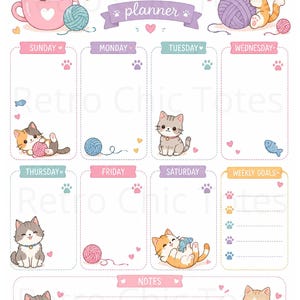 May include: A weekly planner sheet featuring pastel-colored headers for each day of the week and a weekly goals section. The design includes illustrations of various kittens, balls of yarn, fish, and paw prints. The text reads WEEKLY planner.