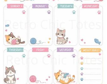 May include: A weekly planner sheet featuring pastel-coloured headers for each day of the week and a weekly goals section. The design includes illustrations of various kittens, balls of yarn, fish, and paw prints. The text reads WEEKLY planner.