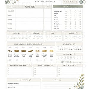 Pode incluir: Um formulário de rastreamento de sintomas de SII decorado com ilustrações em aquarela de eucalipto e margaridas. O layout inclui seções para refeições, sintomas, níveis de dor, escala de Bristol, estresse, ingestão de água e notas.