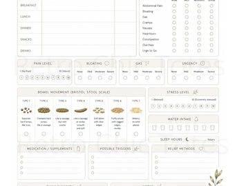 May include: An IBS Symptom Tracker printable form decorated with watercolor eucalyptus and daisy illustrations. The layout includes sections for meals, symptoms, pain levels, Bristol Stool Scale, stress, water intake, and daily summary notes.
