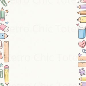 May include: A whimsical border design featuring colorful pencils, erasers, paper clips, rulers, and stars. The illustrations are in pastel shades of pink, blue, yellow, and green, creating a playful and cheerful aesthetic. The design is perfect for stationery or school-themed products.