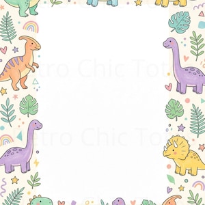 Pode incluir: Uma ilustração lúdica com uma borda de dinossauros de desenho animado coloridos, incluindo um T-Rex verde, um Estegossauro azul e um Triceratops amarelo. O design inclui arco-íris, estrelas e folhas em um fundo creme.