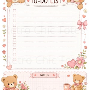 Könnte beinhalten: Ein To-Do-Listen-Block mit zwei braunen Teddybären oben, einem zentralen Bereich mit linierten Zeilen und Kästchen sowie einem unteren Bereich für Notizen mit zwei weiteren Teddybären, rosa Schleifen, Blumen und gestapelten Büchern.