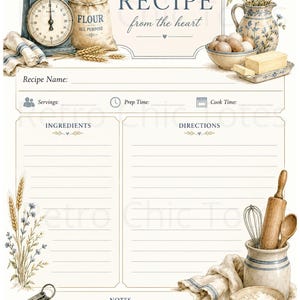 Könnte beinhalten: Eine gedruckte Rezeptkarte mit dem Text RECIPE from the heart. Das Design enthält Illustrationen einer Küchenwaage, eines Mehlsacks, Weizenähren, eines Blumenkrugs, Eiern, Butter, Messlöffeln, einem Nudelholz und einem Schneebesen.