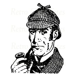 Könnte beinhalten: Schwarz-weiß-Illustration eines Mannes mit einem Tweedhut und einem Mantel, der eine Pfeife in der Hand hält.