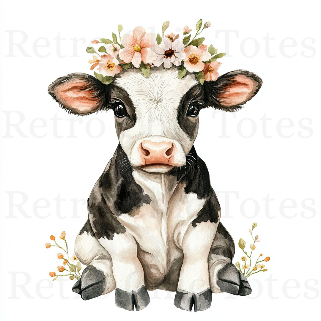 Cute Cow PNG Watercolor Clipart, Baby Farm Animal With Flower Crown ...