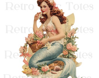 Vintage Mermaid PNG Clipart, Retro Floral Mermaid Illustration, Ocean Fantasy Art Download, Mermaid Decor Printable