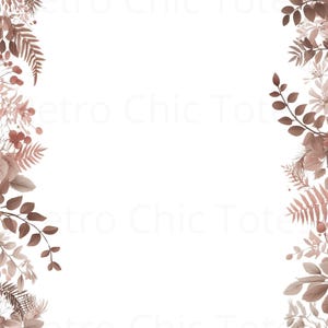 May include: A digital illustration featuring a white background framed by a border of detailed botanical elements. The border includes various leaves, berries, and ferns in shades of brown, beige, and muted pink, creating a natural, elegant design.
