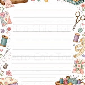Op de afbeelding: Een vel gelinieerd briefpapier met een rand van naaibenodigdheden, waaronder een blauwgroene naaimachine, stapels stof met patronen, klossen garen, een speldenkussen, een schaar, een vingerhoed, knopen en een meetlint met zichtbare cijfers.
