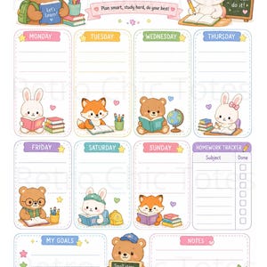 May include: A weekly planner sheet featuring cartoon animals like bears, rabbits, and foxes studying. It includes sections for each day of the week, a homework tracker, goals, and notes. Text includes "WEEKLY PLANNER", "Plan smart, study hard, do your best!", "Let's Learn!", "You can do it!", "Small steps every day lead to big results!", and "Be kind, Be curious, Be you!"