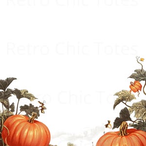 Può includere: Illustrazione in stile vintage con diverse zucche arancioni di varie dimensioni, circondate da foglie verdi e marroni. Le zucche hanno superfici strutturate e sono ambientate su uno sfondo bianco. Il testo "Retro Chic Totes" è visibile.