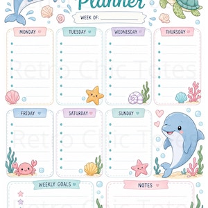Agenda settimanale a tema oceano in formato PDF stampabile, con delfini e tartarughe marine, un simpatico organizer a tema vita marina, formato A4.