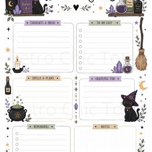 Puede incluir: Una página de planificador imprimible titulada WITCH NOTES con secciones para pensamientos, listas de tareas, hechizos, gratitud, recordatorios y notas. El diseño incluye ilustraciones de gatos negros, pociones, cristales, libros, una escoba y setas.