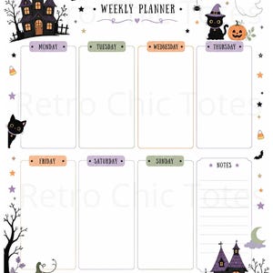 K&ouml;nnte beinhalten: Ein Halloween-Wochenplaner mit einem Spukhaus, einem Geist, K&uuml;rbissen und schwarzen Katzen. Der Text lautet HALLOWEEN WEEKLY PLANNER mit Abschnitten von Montag bis Sonntag sowie einer Notizspalte. Das Design enth&auml;lt Sterne, Flederm&auml;use und S&uuml;&szlig;igkeiten.