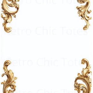 May include: Ornate gold-colored decorative corner elements with floral and scroll designs. The corners are arranged around a white background, creating a frame-like appearance. The design is reminiscent of vintage or antique decor.
