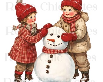 子供と一緒のヴィンテージ雪だるま PNG、レトロな冬の子供のクリップアート、カードや工芸品用のクリスマス雪の日イラスト