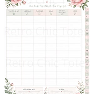 Floral Password Tracker Printable A4 PDF, Password Log Book, Internet Password Organizer, Website Login Keeper, Home Binder