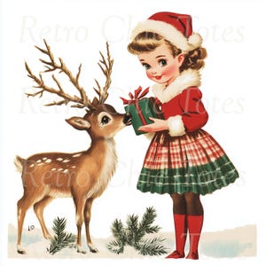 Ilustración navideña vintage, descarga digital navideña, PNG para manualidades, Papá Noel PNG, ciervos PNG, collage de imágenes prediseñadas, Navidad png
