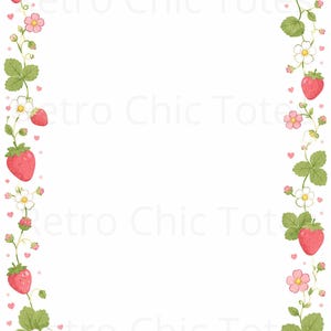 Könnte beinhalten: Ein rechteckiger Rahmen mit roten Erdbeeren, grünen Blättern, weißen und rosa Erdbeerblüten sowie kleinen rosa Herzen. Eine hellrosa Schleife ist oben und unten mittig platziert. Der Text Retro Chic Tote ist zu sehen.