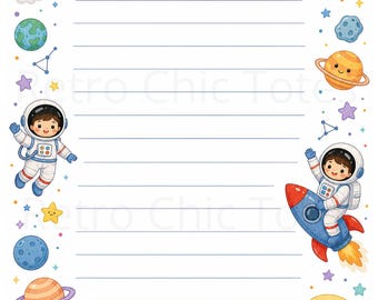Space Writing Paper Printable PDF, Cute Astronaut Stationery, Kids Letter Paper, Galaxy Themed A4 Lined Writing Sheet