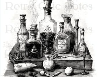 May include: A black and white illustration of a collection of glass bottles with various shapes and sizes. The bottles are filled with a dark liquid and have intricate designs on them. The bottles are arranged on a wooden table with other objects, including a small wooden box, a few small round objects, and a few small round objects.