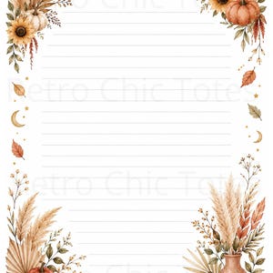 May include: A piece of lined stationery paper featuring a decorative border of watercolour illustrations including orange and white pumpkins, sunflowers, pampas grass, dried leaves, berries, crescent moons, and small stars on a white background.