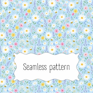 May include: A seamless pattern featuring a light blue background with a floral design. The pattern includes white daisies, pink, yellow, and blue flowers, green leaves, and small bees. The text "Seamless pattern" is in a white, irregular shape.