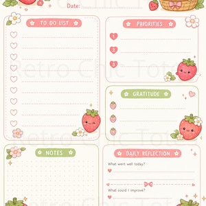May include: A daily planner page featuring a strawberry theme with pink and green accents. The layout includes sections for a to-do list, priorities, gratitude, notes, and daily reflection. The page is decorated with illustrations of smiling strawberries.