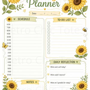 Peut inclure: Une page de planificateur quotidien ornée de tournesols jaunes, d'abeilles et de papillons. Elle comprend un emploi du temps de 6h à 10h, une liste de tâches, une réflexion quotidienne et des notes, avec un panneau indiquant Keep going. Keep growing. Keep glowing.