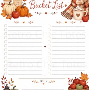 Può includere: Una lista di cose da fare per l'autunno con illustrazioni di zucche, mele, candele, una tazza di caffè e una sciarpa a quadri. La pagina include due colonne di caselle di controllo con righe e una sezione per le note in basso.