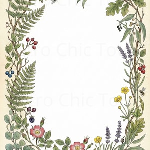 Utskrivbart botaniskt brevpapper i A4-format | Naturkant med vildblommor i PDF-format | Ladda ner brevpapper för vintageörtträdgård