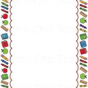 May include: A white, scalloped-edged border with a school theme. The border is decorated with colorful illustrations of books, apples, pencils, crayons, and rulers. The border is perfect for creating educational materials.