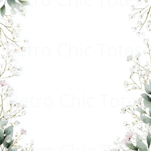 Può includere: Design floreale ad acquerello con fiori bianchi e foglie verdi, disposti attorno a uno sfondo bianco. Il testo "Retro Chic Totes" è visibile sullo sfondo.