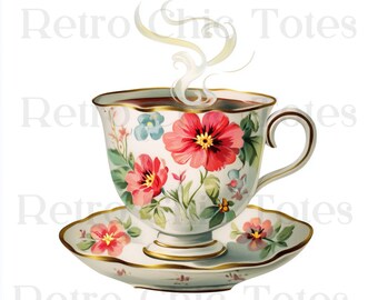 Vintage Floral Teacup PNG, Shabby Chic Clipart for Tea Party Decor, Sublimation, Junk Journals and Kitchen Wall Art