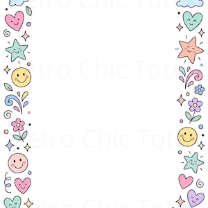 Puede incluir: Un diseño de borde colorido con arcoíris, corazones, estrellas, caras sonrientes y flores. El borde está delineado en negro y tiene un fondo blanco. El diseño es caprichoso y juguetón.