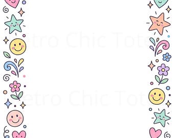 Carta da lettere stampabile in formato A4 con simpatici arcobaleni, faccine kawaii, bordo pastello per la cancelleria dei bambini, divertente carta da lettere da scaricare