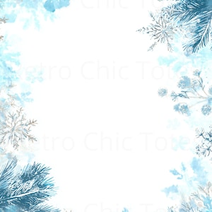 May include: A winter-themed digital design with a white background, framed by watercolor-style blue and silver snowflakes and evergreen branches. The design has a soft, ethereal quality, perfect for seasonal crafts.