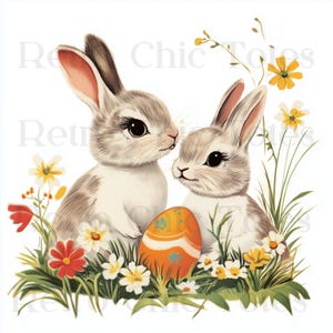 Vintage Easter Bunny PNG Clipart with Flowers and Egg, Cute Retro Rabbit Printable, Spring Sublimation Design