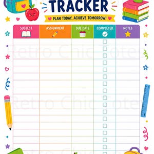Puede incluir: Un colorido rastreador de tareas con el texto HOMEWORK TRACKER y PLAN TODAY, ACHIEVE TOMORROW. La cuadrícula incluye columnas para materia, tarea, fecha de entrega, completado y notas, decorada con ilustraciones de mochilas, libros y lápices.